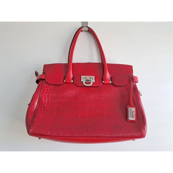DISSONA ITALY RED Reptile Stamped Leather LARGE Bag Purse Double Handle Handbag - Picture 1 of 10